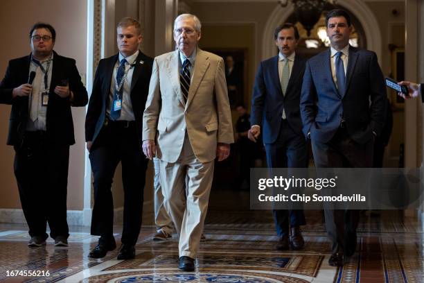 Senate Minority Leader Mitch McConnell returns to his office from the Senate Chamber at the U.S. Capitol September 11, 2023 in Washington, DC. The...