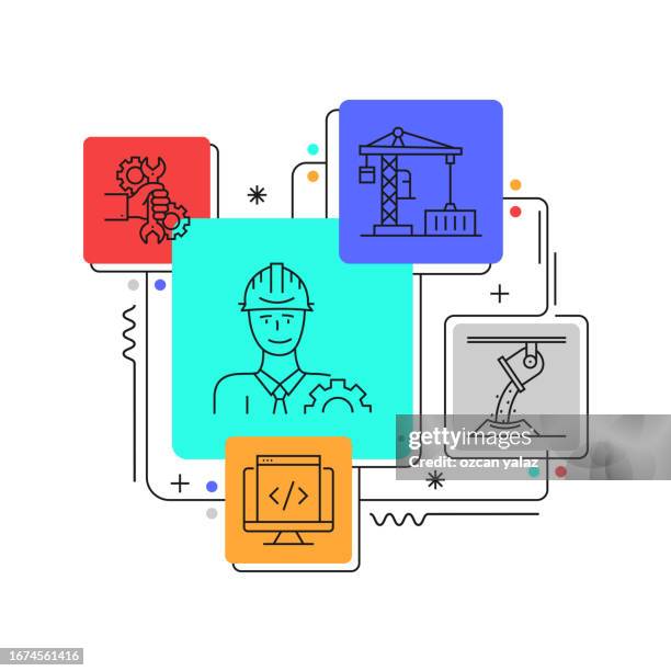 engineering related vector banner design concept. global multi-sphere ready-to-use template. web banner, website header, magazine, mobile application etc. modern design. - aerospace engineering stock illustrations