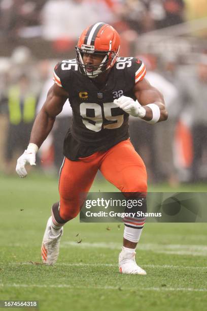 Myles Garrett of the Cleveland Browns plays against the Cincinnati Bengals at Cleveland Browns Stadium on September 10, 2023 in Cleveland, Ohio.