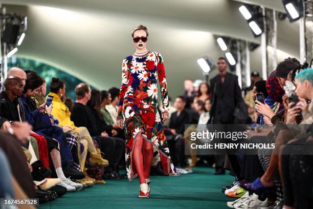 Model presents a creation during a catwalk presentation for British fashion house Burberry's Spring/Summer 2024 collection, at London Fashion Week in...