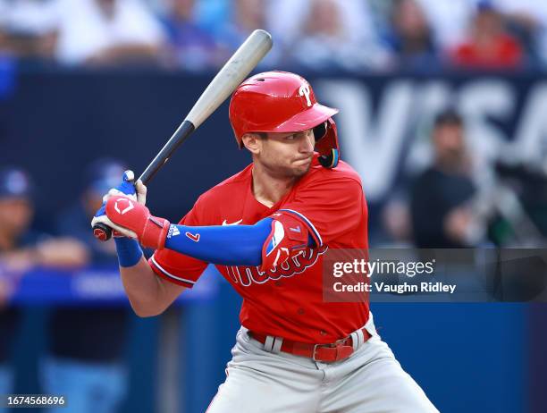 Trea Turner of the Philadelphia Phillies bats against the Toronto Blue Jays at Rogers Centre on August 16, 2023 in Toronto, Ontario, Canada.