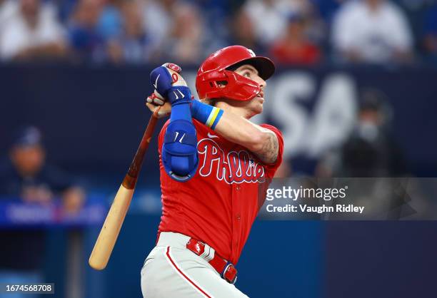 Bryson Stott of the Philadelphia Phillies bats against the Toronto Blue Jays at Rogers Centre on August 16, 2023 in Toronto, Ontario, Canada.
