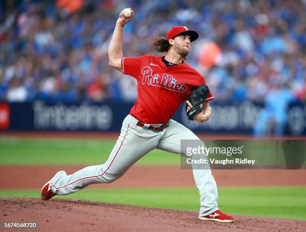 Aaron Nola of the Philadelphia Phillies delivers a pitch in the first inning against the Toronto Blue Jays at Rogers Centre on August 16, 2023 in...