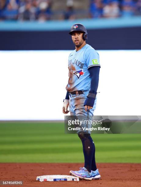 George Springer of the Toronto Blue Jays looks on from second base against the Philadelphia Phillies at Rogers Centre on August 16, 2023 in Toronto,...