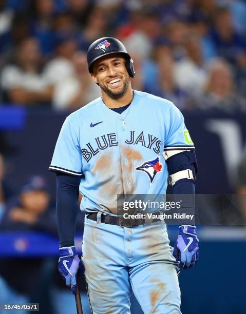 George Springer of the Toronto Blue Jays laughs while batting against the Philadelphia Phillies at Rogers Centre on August 16, 2023 in Toronto,...