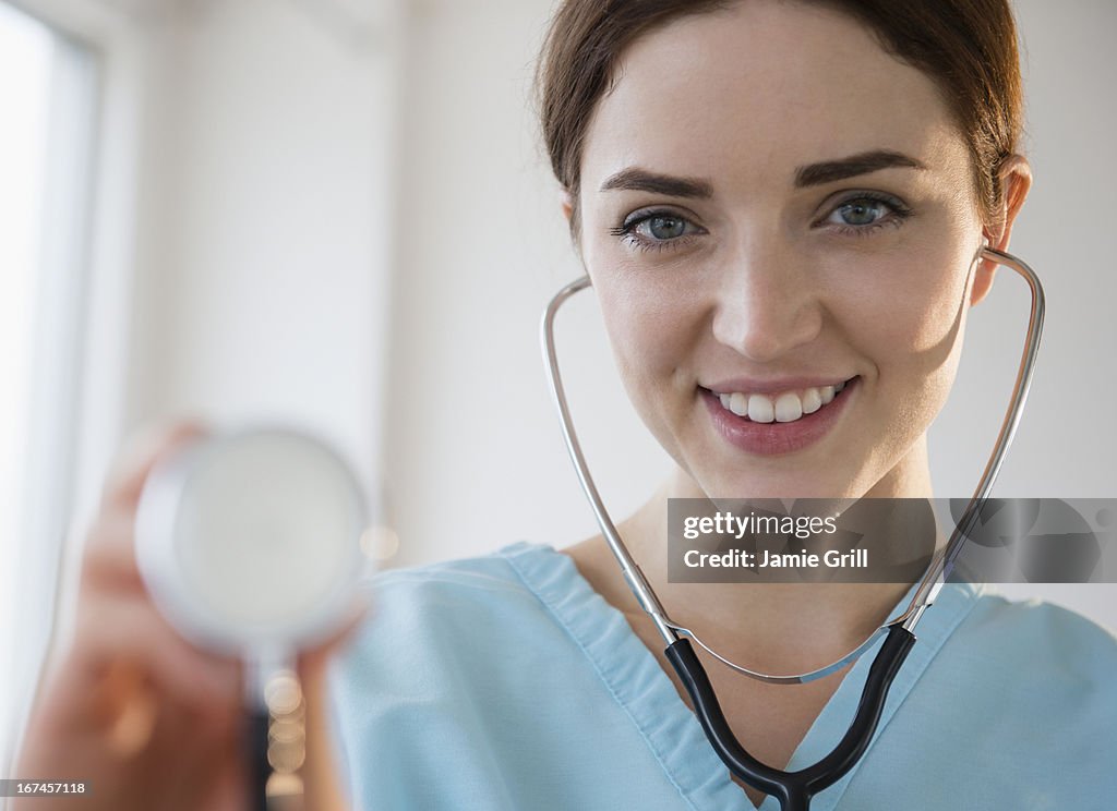 USA, New Jersey, Jersey City, Portrait of female doctor in hospital uniform with stethoscope