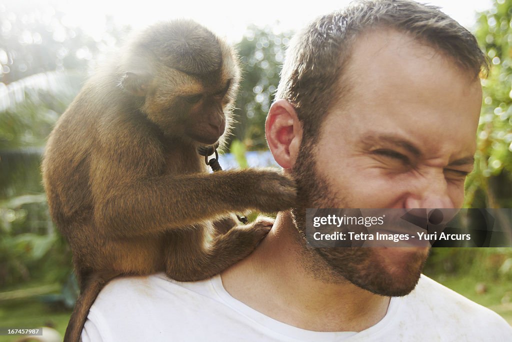 Thailand, Portrait of adult man with macaque monkey sitting on his shoulder