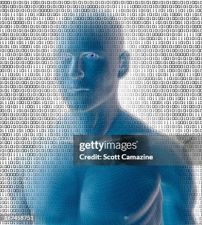Digitally generated male figure against binary code background Digitally generated male figure against binary code background