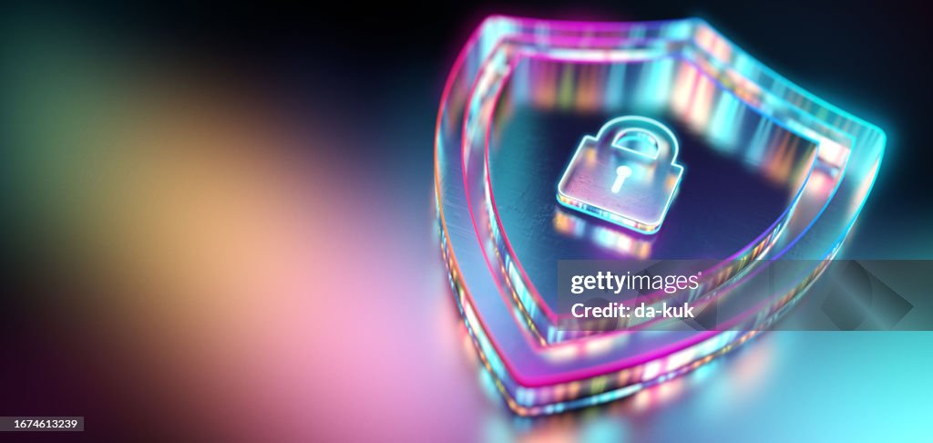 Security concept. Digital shield and lock firewall protection from viruses and malware. Modern futuristic technology background. 3D render