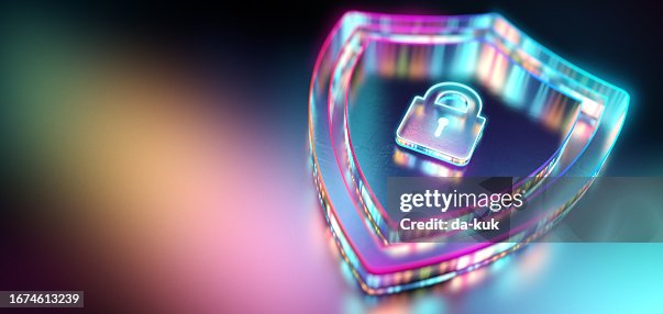 Security concept. Digital shield and lock firewall protection from viruses and malware. Modern futuristic technology background. 3D render Security concept. Digital shield and lock firewall protection from viruses and malware. Modern futuristic technology background. 3D render