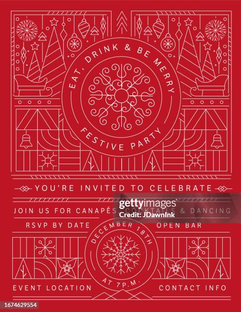 festive party invitation for christmas, holiday geometric design template with elegant icons in line art style - red abstract christmas tree stock illustrations