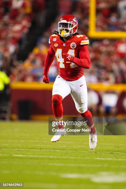 James Winchester of the Kansas City Chiefs runs down field during at GEHA Field at Arrowhead Stadium on September 7, 2023 in Kansas City, Missouri.