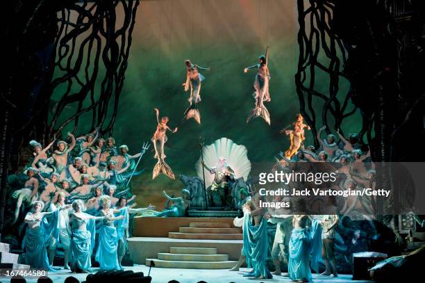 Spanish tenor Placido Domingo and others perform during the final dress rehearsal of the Metropolitan Opera/Phelim McDermott production of Jeremy...