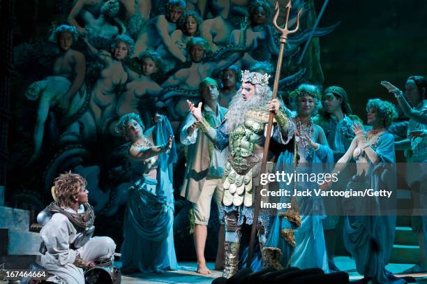 Spanish tenor Placido Domingo and others perform during the final dress rehearsal of the Metropolitan Opera/Phelim McDermott production of Jeremy...
