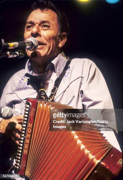 Mexican-American Tejano musician Santiago Jimenez Jr plays button accordion during a performance at Irving Plaza, New York, New York, May 5, 1995.