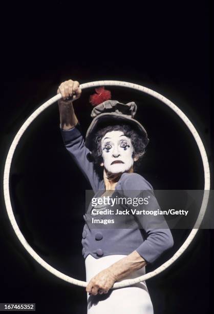 French actor and mime Marcel Marceau performs on stage at Hunter College's Kaye Playhouse, New York, New York, April 25, 1995.