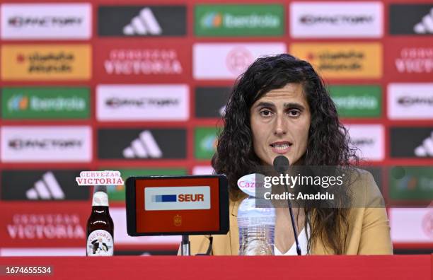 Montse Tome, the new coach of the Spanish Women's National Football Team, makes a speech during a press introduction ceremony at the Royal Spanish...