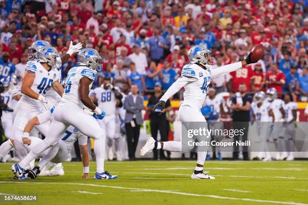 Jalen Reeves-Maybin of the Detroit Lions celebrates during at GEHA Field at Arrowhead Stadium on September 7, 2023 in Kansas City, Missouri.