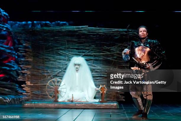 American actor Kevin Kenerly and actor Cristofer Jean during a performance of the Ping Chong-directed production of 'Throne of Blood' at the 2010...