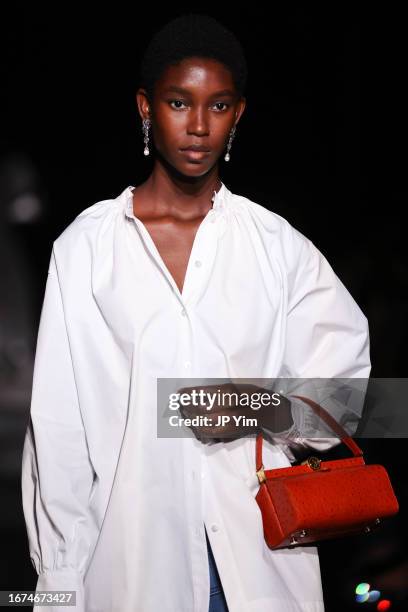 Model walks the runway at the Altuzarra fashion show during New York Fashion Week The Shows at New York Public Library on September 11, 2023 in New...