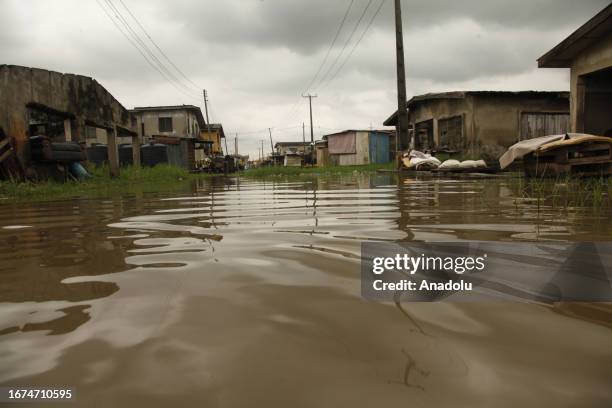 View of flooded streets after heavy rains in Lagos, Nigeria on September 18, 2023. Heavy rainfall over a span of two days has led to severe flooding...