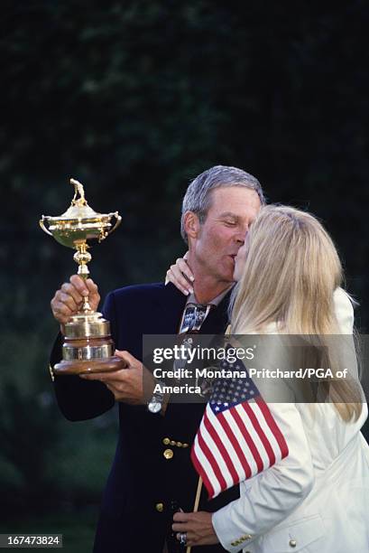 Ben and Julie Crenshaw with the Ryder Cup trophy at the 33rd Ryder Cup Matches held at The Country Club in Brookline, Massachusetts. Sunday,...