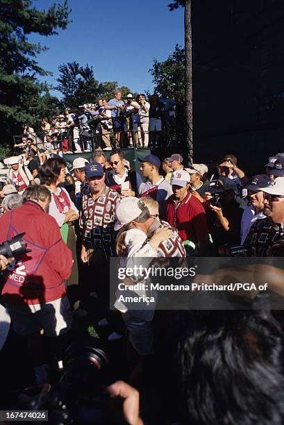 Captain Ben and Julie Crenshaw in the crowd of media during the 33rd Ryder Cup Matches held at The Country Club in Brookline, Massachusetts. Sunday,...