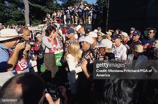 Captain Ben and Julie Crenshaw in the crowd of media during the 33rd Ryder Cup Matches held at The Country Club in Brookline, Massachusetts. Sunday,...