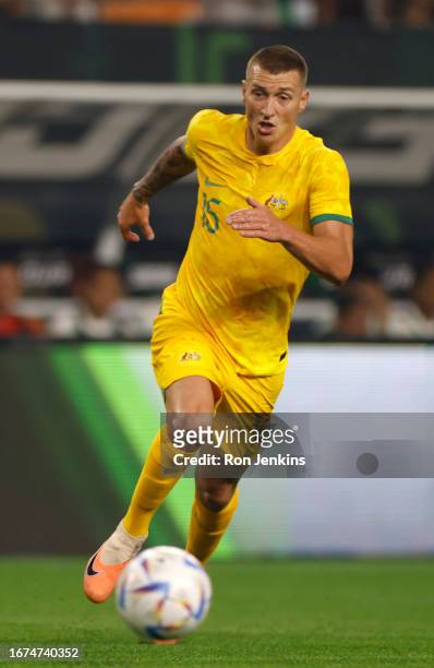 Mitchell Duke of Australia runs to the ball against Mexico during the first half of a 2023 International Friendly match at AT&T Stadium on September...