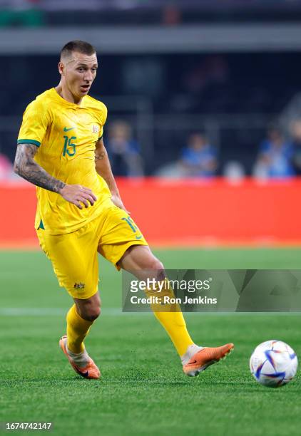 Mitchell Duke of Australia passes the ball against Mexico during the first half of a 2023 International Friendly match at AT&T Stadium on September...