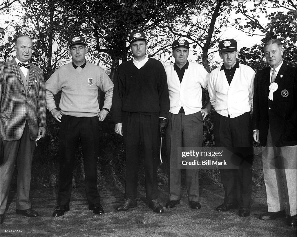 (Left to Right) Unknown, Christy O'Connor, Peter Alliss, Doug Ford, Gene Littler, and Harold Sargent during the 14th Biannual Ryder Cup Matches at Royal Lytham and St. Annes, in St. Annes, England, October 13-14, 1961. (Photograph by Bill Mark)