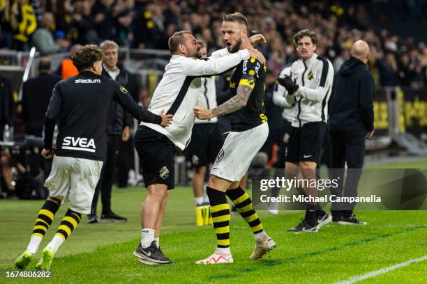 Alexander Milosevic of AIK celebrates after scoring the 1-0 goal during an Allsvenskan match between AIK and Degerfors IF at Friends Arena on...