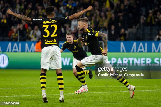 Alexander Milosevic of AIK celebrates after scoring the 1-0 goal during an Allsvenskan match between AIK and Degerfors IF at Friends Arena on...
