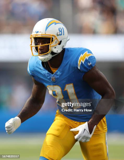 Mike Williams of the Los Angeles Chargers lines up for a play during a 36-34 loss to the Miami Dolphins at SoFi Stadium on September 10, 2023 in...