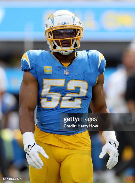 Khalil Mack of the Los Angeles Chargers during a 36-34 loss to the Miami Dolphins at SoFi Stadium on September 10, 2023 in Inglewood, California.