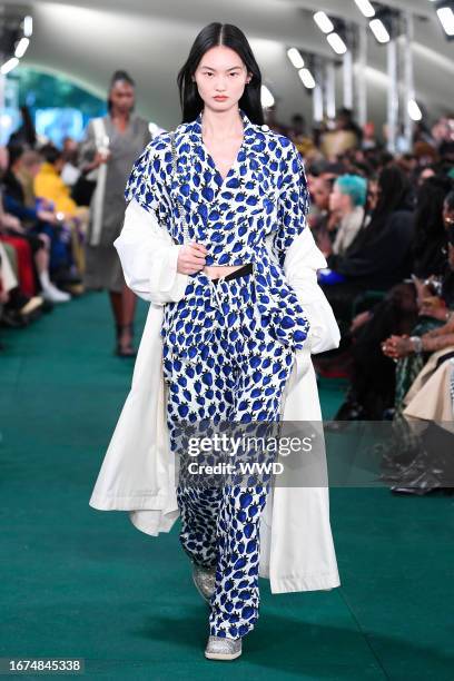 Model on the runway at the Burberry Spring 2024 Ready To Wear Fashion Show held at Highbury Fields on September 18, 2023 in London, England.