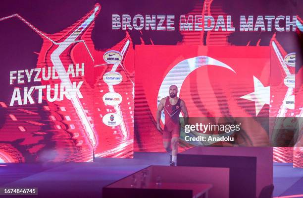 Feyzullah Akturk of Turkiye enters the mat during Men's Freestyle 92kg at the World Wrestling Championships in Belgrade, Serbia on September 18, 2023.