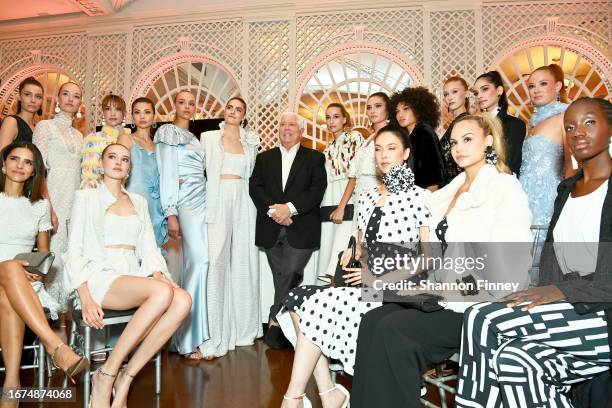 Designer Dennis Basso poses with models backstage before his runway show during New York Fashion Week at 583 Park Avenue on September 11, 2023 in New...