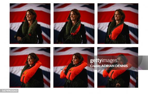 This combination of pictures created on September 18, 2023 shows Britain's Catherine, Princess of Wales reacting as she tries on a life jacket during...