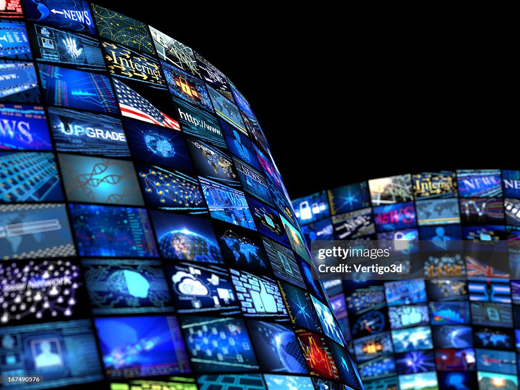 Many television screens with media news concept