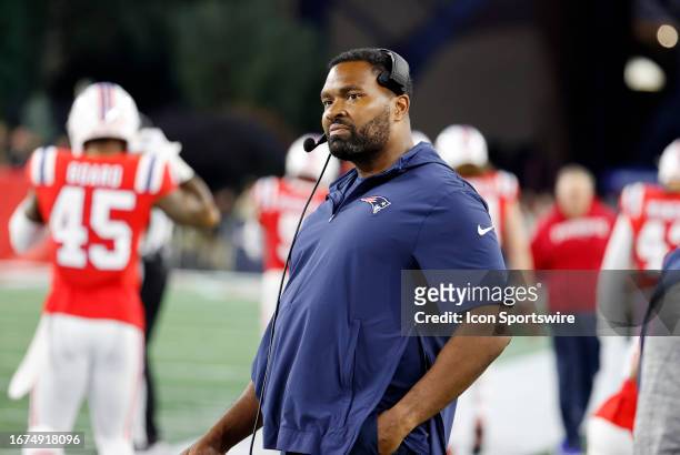 New England Patriots linebackers coach Jerod Mayo during a game between the New England Patriots and the Miami Dolphins on September 17 at Gillette...