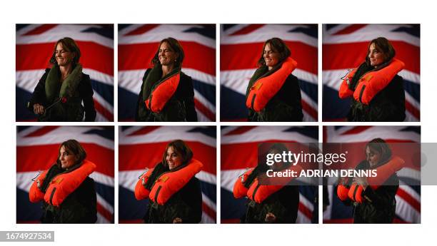 This combination of pictures created on September 18, 2023 shows Britain's Catherine, Princess of Wales reacting as she inflates a life jacket during...