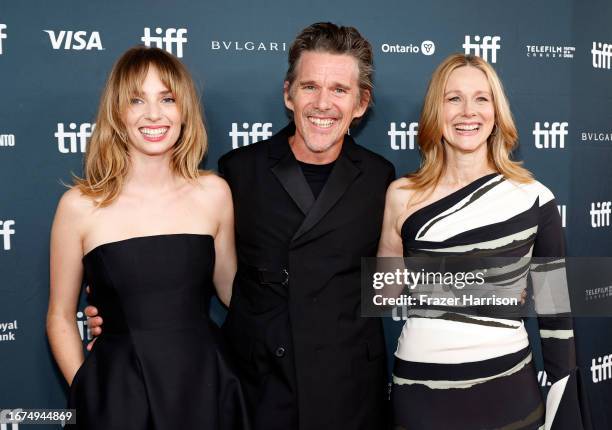 Maya Hawke, Ethan Hawke, and Laura Linney attend the "Wildcat" premiere during the 2023 Toronto International Film Festival at Royal Alexandra...