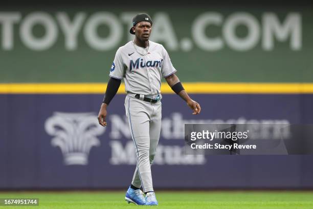 Jazz Chisholm Jr. #2 of the Miami Marlins participates in warmups prior to a game against the Milwaukee Brewers at American Family Field on September...