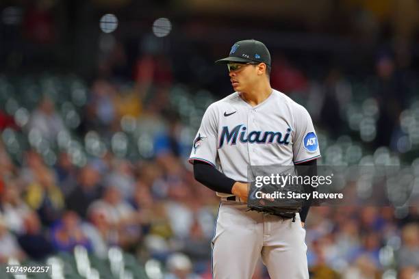 Jesus Luzardo of the Miami Marlins prepares to throw a pitch during the second inning against the Milwaukee Brewers at American Family Field on...