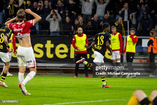 Abdihakin Ali of AIK celebrates scoring the 2-0 goal during an Allsvenskan match between AIK and Degerfors IF at Friends Arena on September 18, 2023...