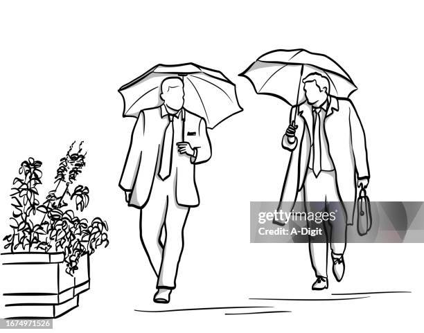 london business men with umbrellas sketch - pavement stock illustrations