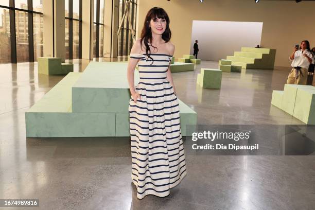 Zooey Deschanel poses at the Rosie Assoulin Presentation during New York Fashion Week The Shows at Gallery at Spring Studios on September 11, 2023 in...