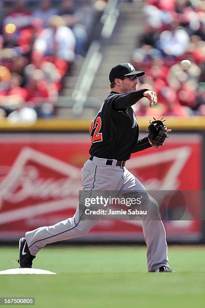 Nick Green of the Miami Marlins throws to first base against the Cincinnati Reds at Great American Ball Park on April 21, 2013 in Cincinnati, Ohio.