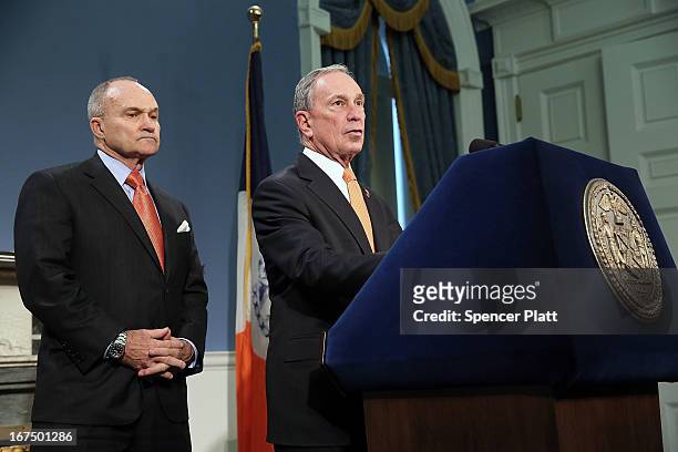 New York City Mayor Michael Bloomberg speaks during a news conference as Police Commissioner Raymond Kelly listens at City Hall announcing that the...